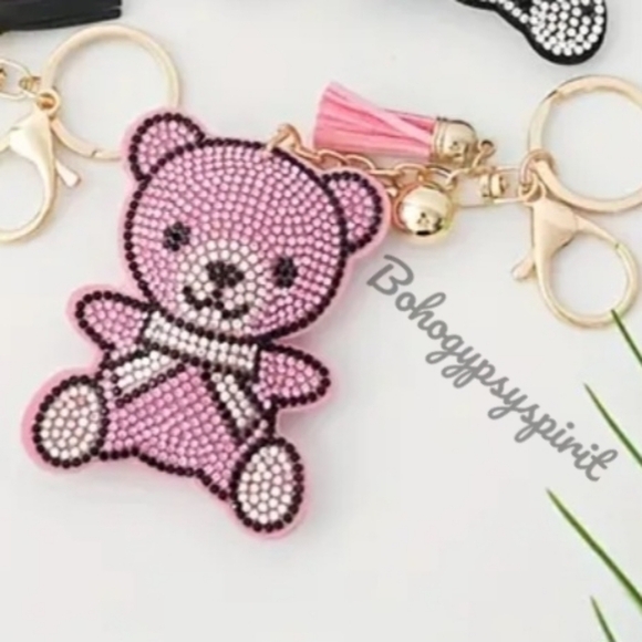 Bling Teddy Bear Crystal Rhinestone Keychain Bag Charm With Pink Tassel - Picture 7 of 13